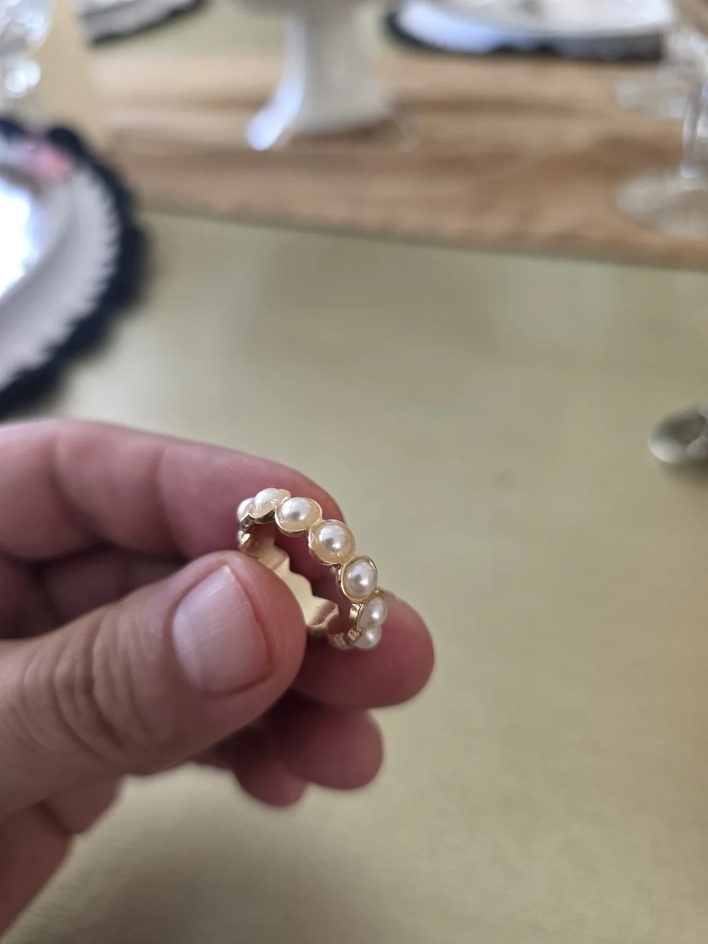 Ring Gold Band with White Pearl Accents